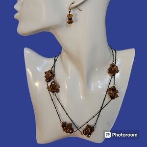 Texas Leather Mfg. Brown Crystal Cluster Gunmetal Chain Necklace Earrings Set